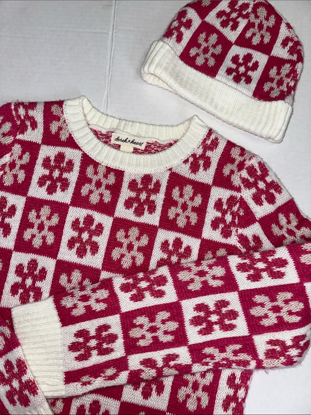 Derek Heart Pink Floral Checkered Sweater Pullover Stretchy Youth‎ Girls Size 12